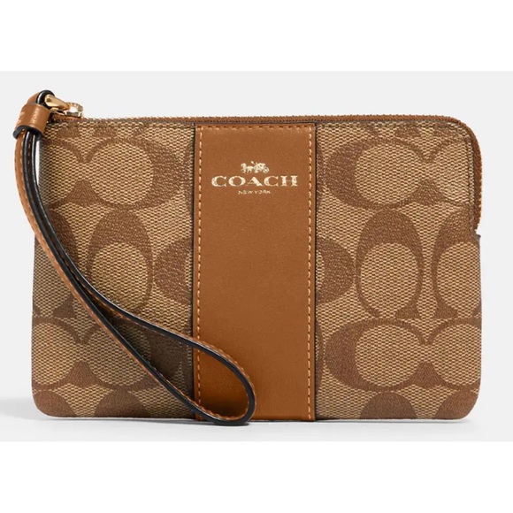 Coach Handbags - ✨ NWT ✨ Corner Zip Wristlet In Signature Canvas - Gold/Khaki Saddle 2